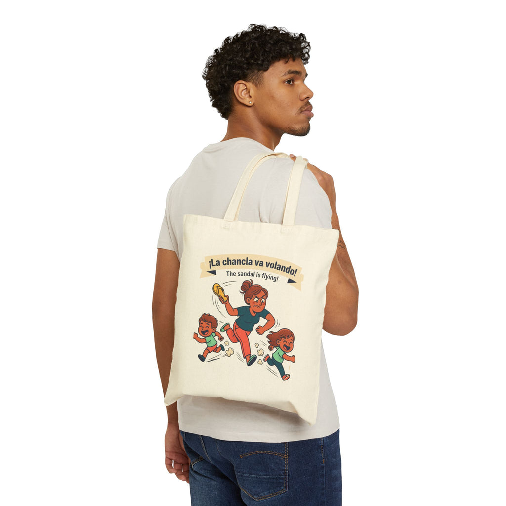 Tote Bag — "La chancla va volando! (The sandal is flying!)" Funny Family Mom Graphic Tote