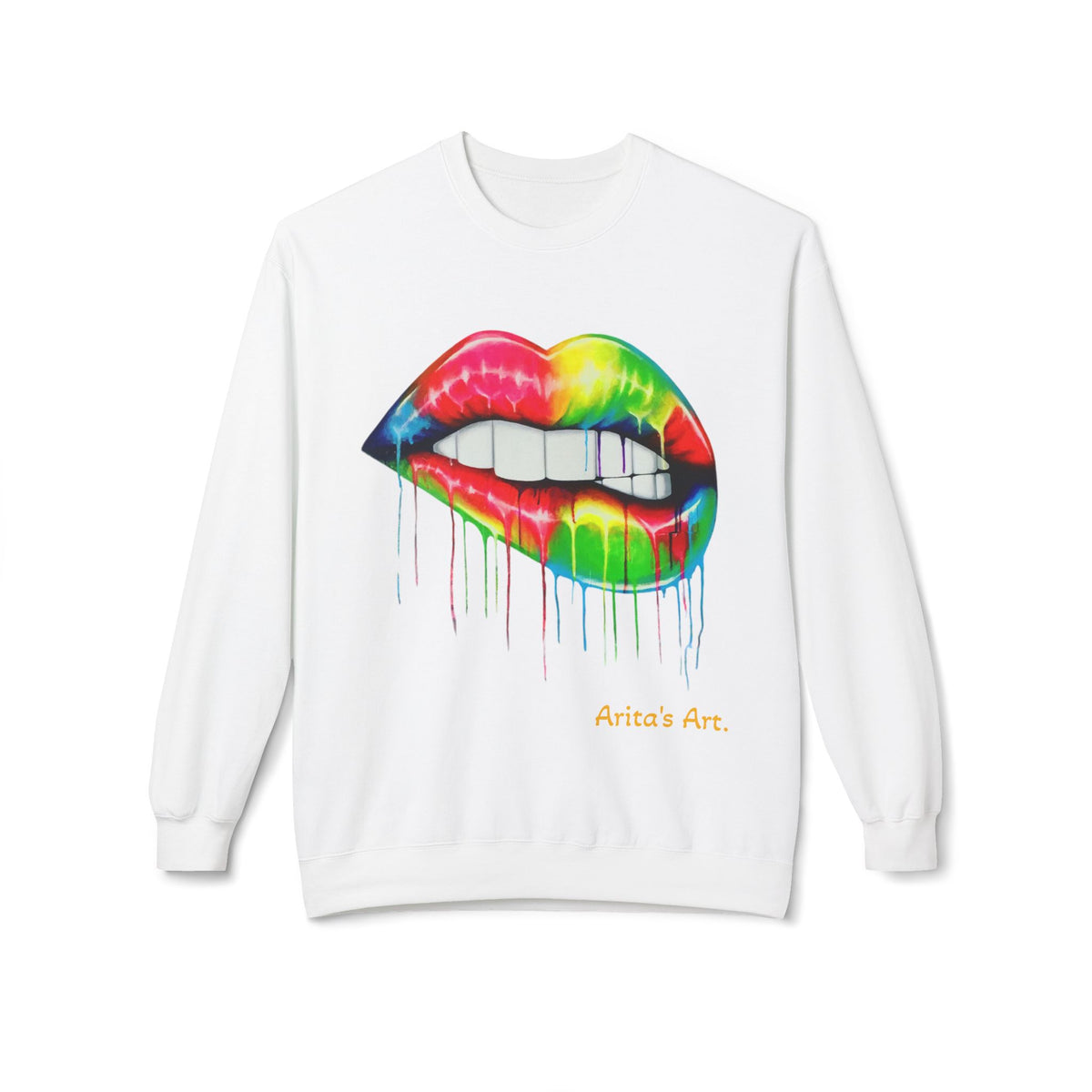 Rainbow Drip Lip Crewneck Sweatshirt — Colorful Biting Lips Graphic
