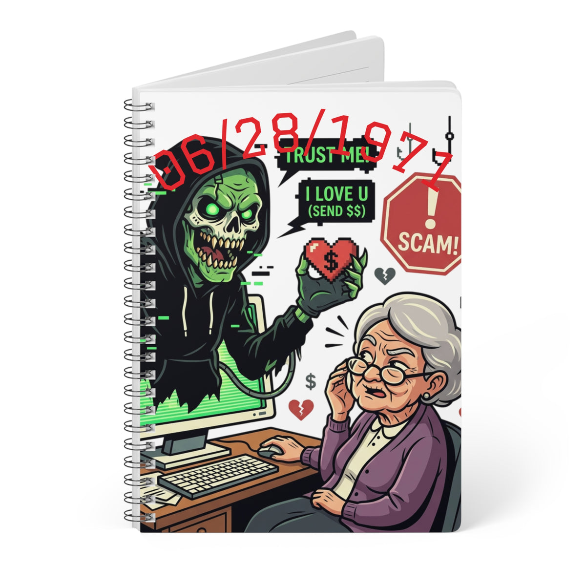 HALLOWEEN Anti scam granny’s Alert Spiral Notebook — Anti-Online Romance Fraud A5 Journal