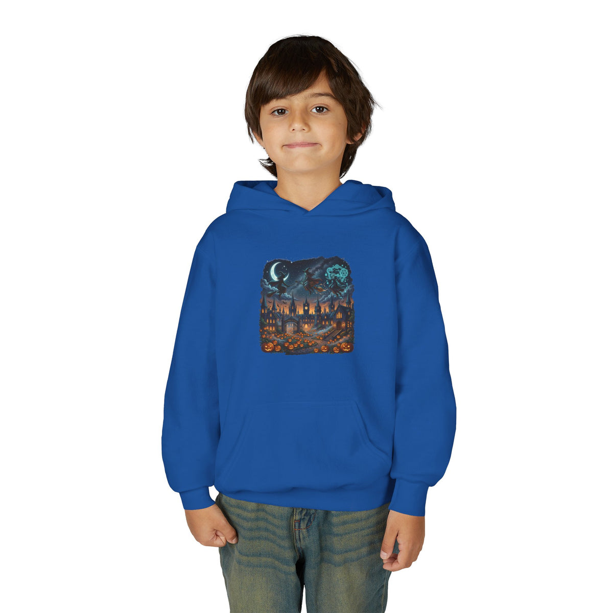 HALLOWEEN Youth Hoodie — Cozy Autumn Cabin Night Illustration