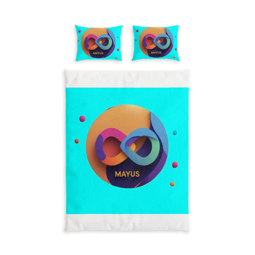 MAYUS Modern Infinity Cotton Bed Set – Turquoise Geometric Design with 'MAYUS' Accent