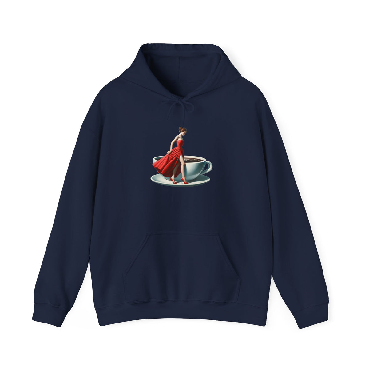 Coffee Date Hoodie — Woman in Red Dress Standing on Teacup Graphic Hoodie