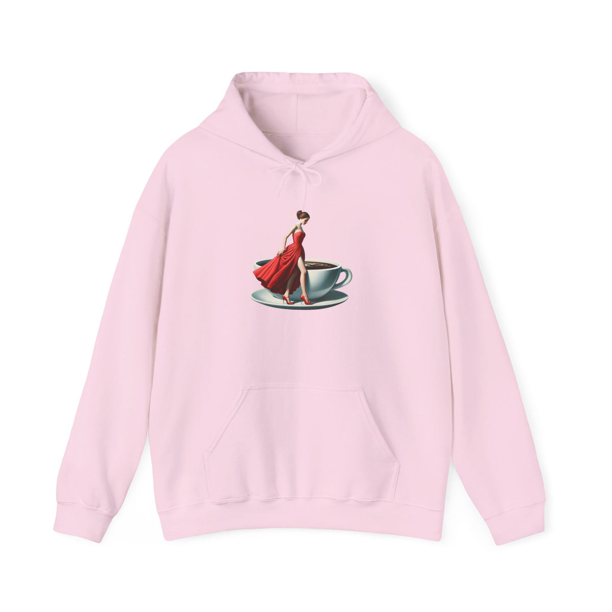 Coffee Date Hoodie — Woman in Red Dress Standing on Teacup Graphic Hoodie