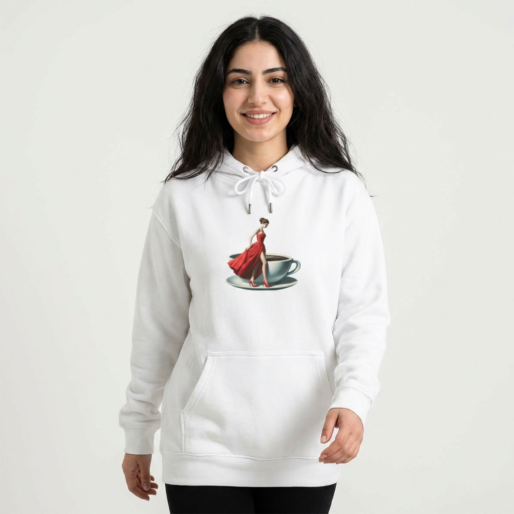 Coffee Date Hoodie — Woman in Red Dress Standing on Teacup Graphic Hoodie