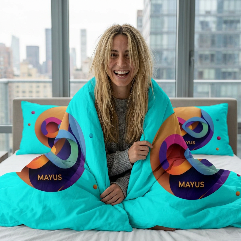 MAYUS Modern Infinity Cotton Bed Set – Turquoise Geometric Design with 'MAYUS' Accent