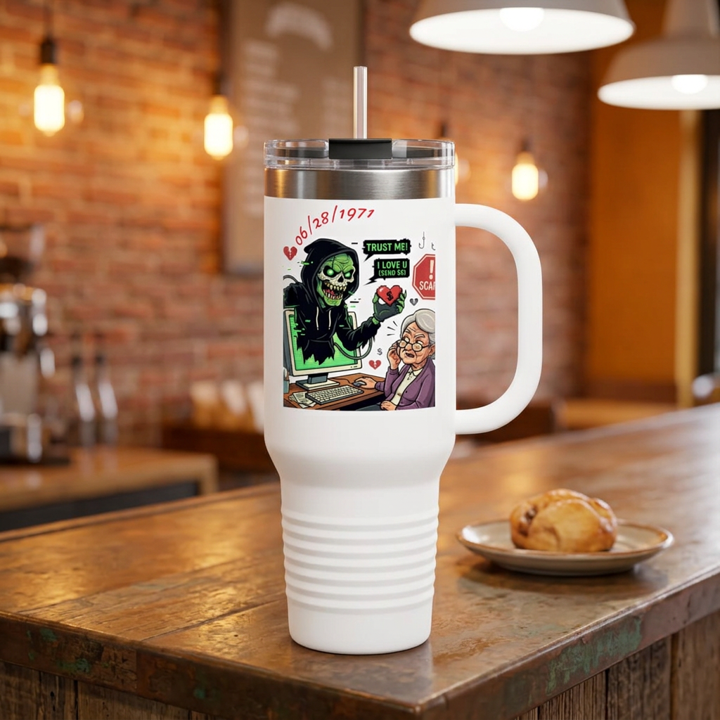 HALLOWEEN 40oz Insulated Travel Mug — Funny Grandma Scammed by Internet Grim Reaper Design