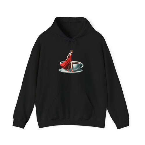 Coffee Date Hoodie — Woman in Red Dress Standing on Teacup Graphic Hoodie