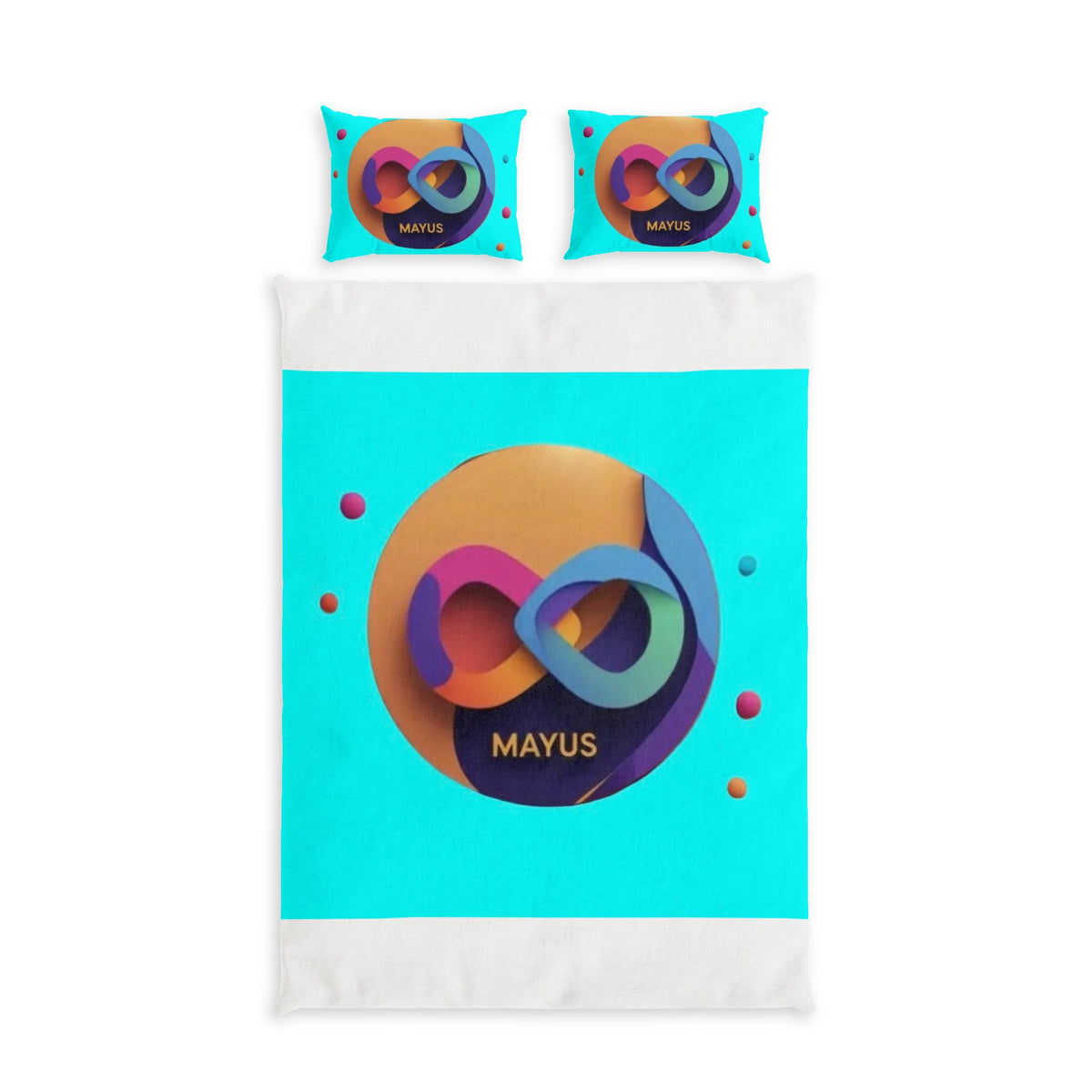 MAYUS Modern Infinity Cotton Bed Set – Turquoise Geometric Design with 'MAYUS' Accent