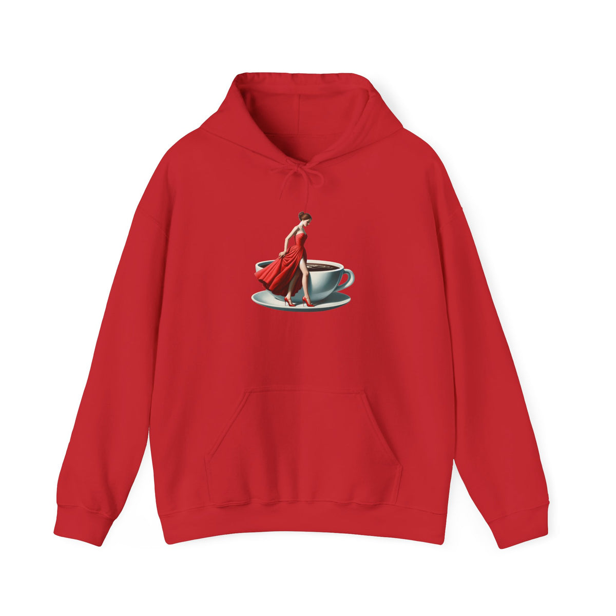 Coffee Date Hoodie — Woman in Red Dress Standing on Teacup Graphic Hoodie