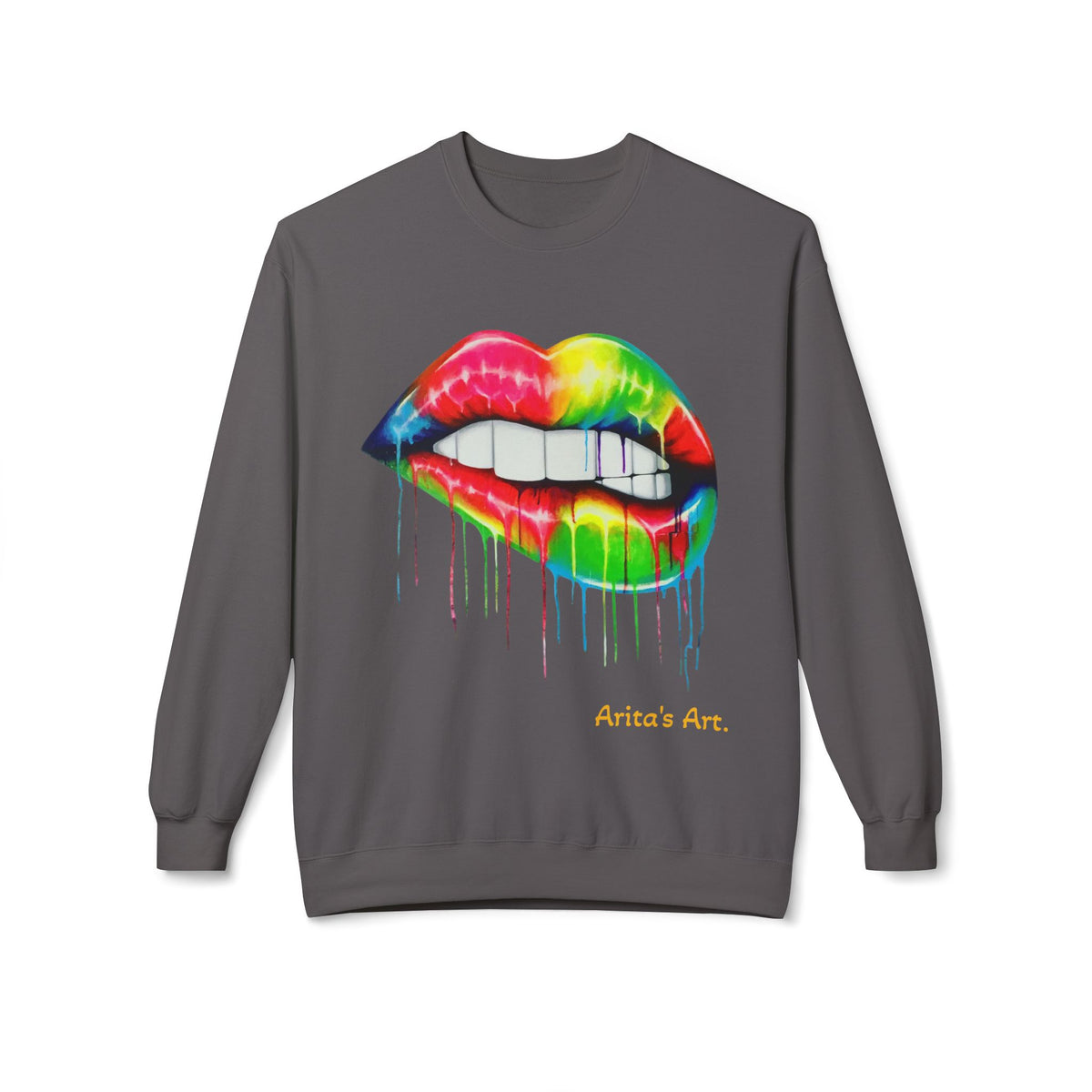 Rainbow Drip Lip Crewneck Sweatshirt — Colorful Biting Lips Graphic